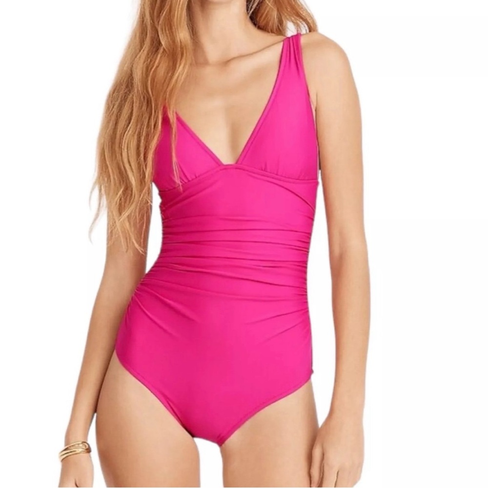 NWT J Crew Ruched V-neck one-piece Swim Suit Radiant Fuschia Pink Beach Pool